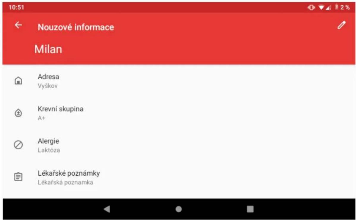 10:51 ← Nouzové informace Milan Adresa Vyškov Krevní skupina A+ Alergie Laktóza Lékařské poznámky Lékařská poznamka