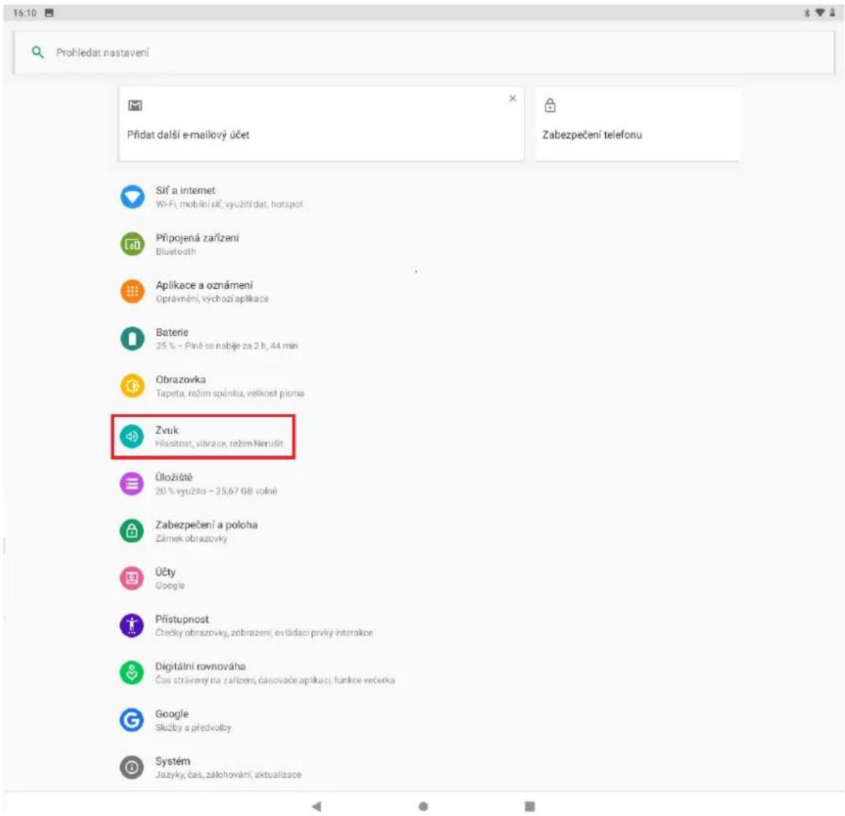 Prohledat nastavení Přidat další e-mailový účet Zabezpečení telefonu Síť a internet Wi-Fi, mobilní síť, využití dat, hotspot Připojená zařízení Bluetooth Aplikace a oznámení Oprávnění, výchozí aplikace. Baterie 25 % - Pině se nabije za 2 h, 44 min Obrazovka Tapeta, režim spánku, velikost pisma Zvuk Hlasitost, vibrace, režim Nerušit Úložiště 20 % využito – 25,67 GB volné Zabezpečení a poloha Zámek obrazovky Účty Google Přístupnost Čtecky obrazovky, zobrazení, ovtídaci prvky interakce Digitální rovnováha Čas strávaný na zařízení, časováde aplikaci, funkce većerka Google Služby a předvolby Systém Jazyky, čas, zalohování, aktualizace