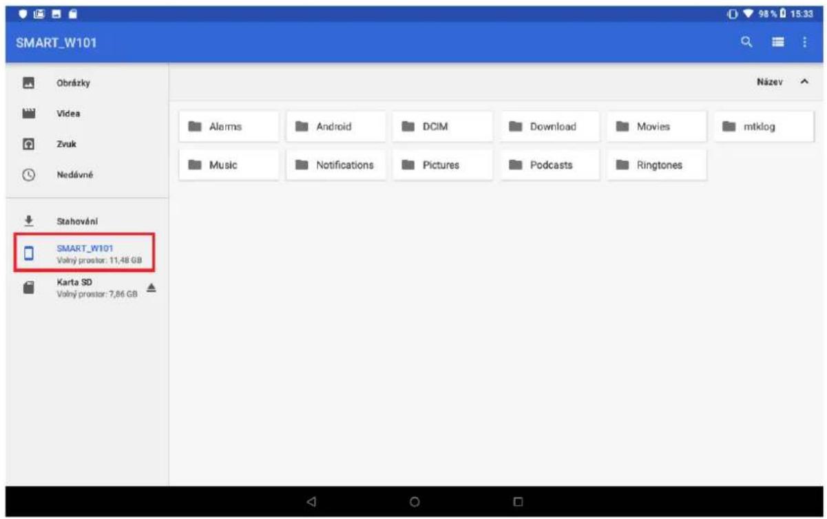 SMART_W101 Obrázky Video Zvuk Nedávné Stahování SMART_W101 Volný prostor: 11,48 GB Karta SD Volný prostor: 7,86 GB Alarms Android DCIM Download Movies mtklog Music Notifications Pictures Podcasts Ringtones