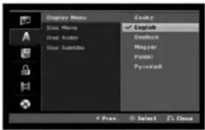 Display Menu Disk Menu Disk Audio Disk Subtile Easy English Deutsch Magyar Puluk PytoXeR € Prev. Select % Close