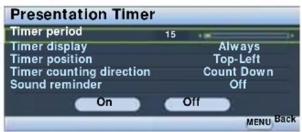 Presentation Timer Timer period 15 Timer display Always Timer position Top-Left Timer counting direction Count Down Sound reminder Off On Off MENU Back