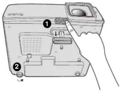 Diagram of a device with labeled parts and a hand pointing to a button, showing numbered annotations.