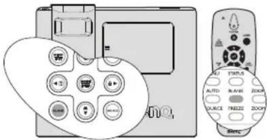 Diagram showing a remote control device with labeled buttons and a magnified view of the keypad.