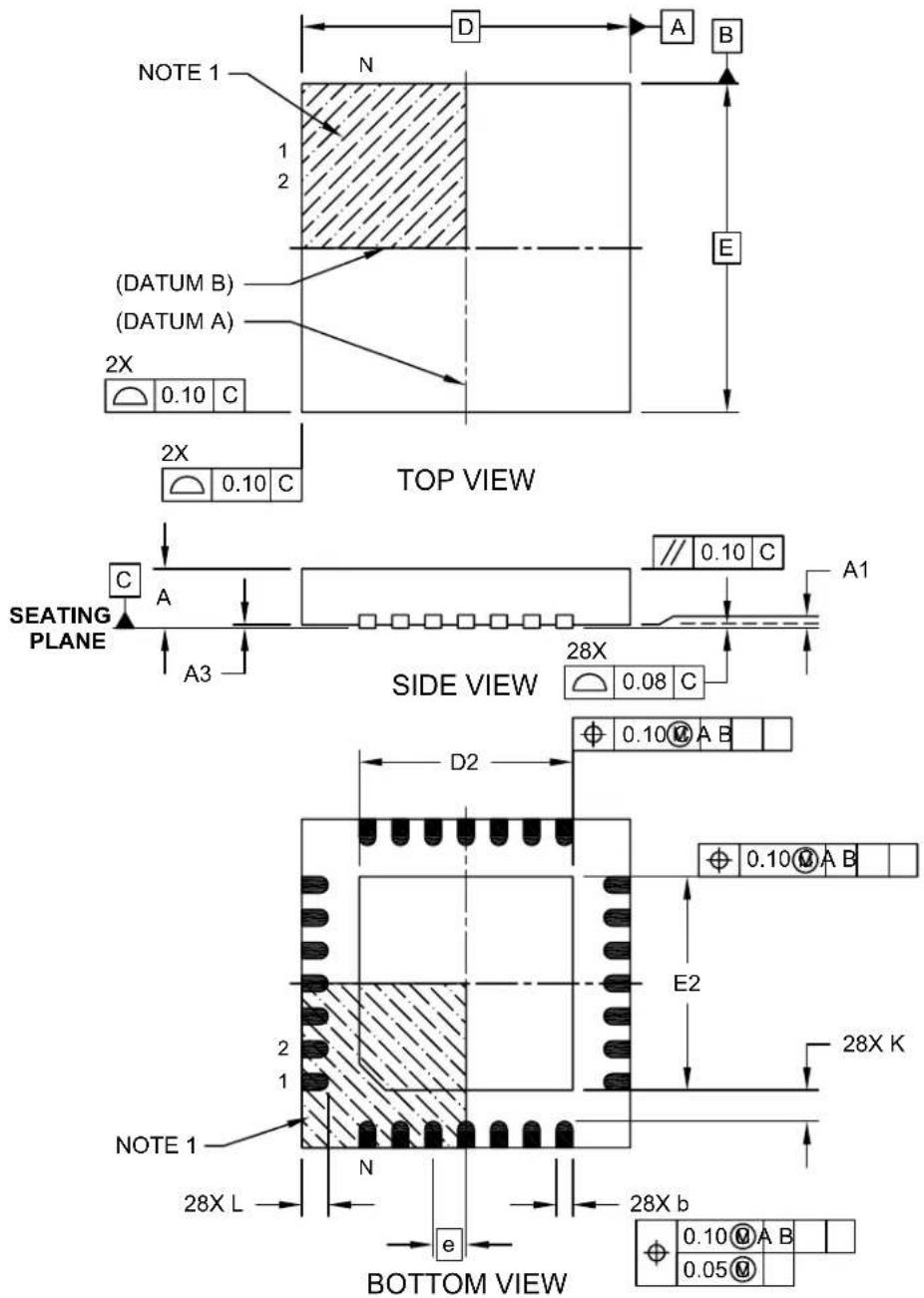 NOTE 1 N 1 2 (DATUM B) (DATUM A) 2X 0.10 C E 2X 0.10 C TOP VIEW SEATING PLANE C A A3 // 0.10 C A1 SIDE VIEW 28X 0.08 C D2 0.10 A B E2 28X K NOTE 1 N 28X L e 28X b BOTTOM VIEW 0.10 A B 0.05