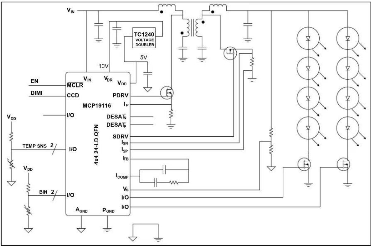 V_IN 10V TC1240 VOLTAGE DOUBLER 5V EN MCLR V_DR V_DD CCD PDRV I_P MCP19116 I/O DESAT_N DESAT_P SDRV I_SN I_SP I_FB TEMP SNS 2/ I/O ICOMP V_S I/O A_GND P_GND VIN DIMI V_DD V_DD BIN 2/
