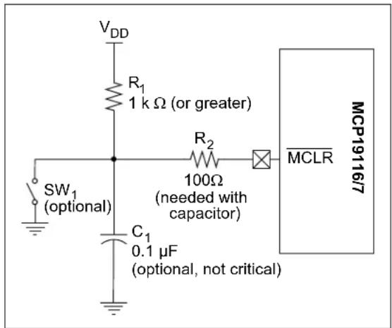 VDD R1 1 k Ω (or greater) SW1 (optional) C1 0.1 μF (optional, not critical) R2 100Ω (needed with capacitor) MCLR MCP19116/7