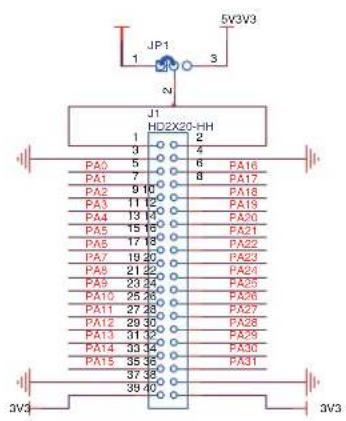 JP1 1 3 N J1 HD2X20-HH 1 2 3 4 PA0 5 6 PA16 PA1 7 8 PA17 PA2 9 10 PA18 PA3 11 12 PA19 PA4 13 14 PA20 PA5 15 16 PA21 PA6 17 18 PA22 PA7 19 20 PA23 PA8 21 22 PA24 PA9 23 24 PA25 PA10 25 26 PA26 PA11 27 28 PA27 PA12 29 30 PA28 PA13 31 32 PA29 PA14 33 34 PA30 PA15 35 36 PA31 39 40 3V3 3V3
