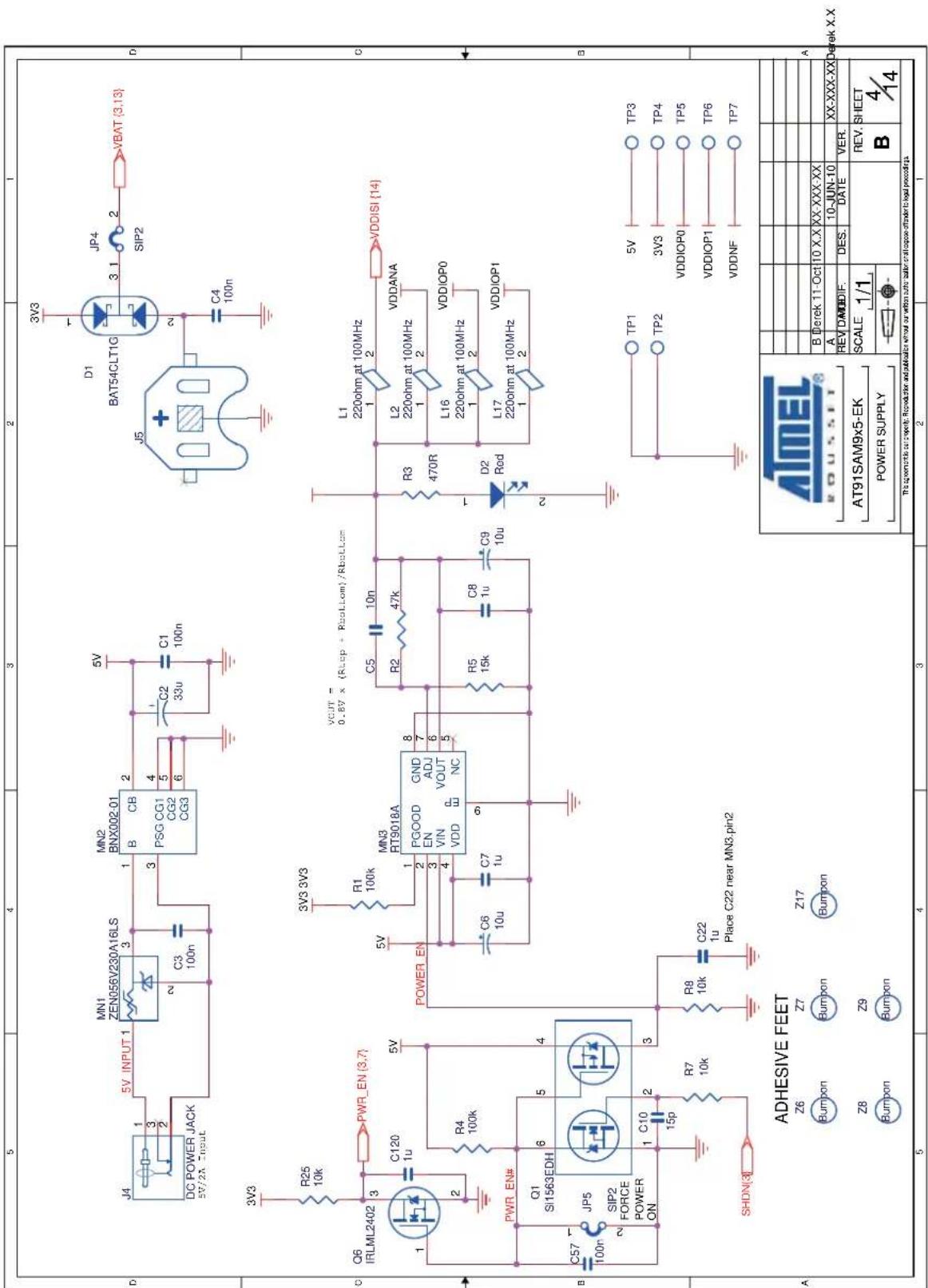 5 4 3 2 1 DC POWER JACK 5V/2A Input MN1 ZEN056V230A16LS MN2 BNX002-01 B CB PSG CG1 CG2 CG3 5V 3V3 R25 10k C3 100n C2 33u C1 100n 3V3 3V3 R1 100k C5 10n RT9018A PGOOD GND EN ADJ VIN VOUT VDD NC POWER EN C6 10u C7 1u C8 1u C9 10u D2 Rod L1 220ohm at 100MHz 1 2 VDDISI (14) R3 470R L2 220ohm at 100MHz 1 2 VDDANA L16 220ohm at 100MHz 1 2 VDDIOP0 L17 220ohm at 100MHz 1 2 VDDIOP1 TP1 TP2 TP3 TP4 TP5 TP6 TP7 ADHESIVE FEET Z6 Z7 Z17 Bumpon Bumpon Bumpon Z8 Z9 Power SUPPLY AT91SAM9x5-EK SCALE 1/1 REV. SHEET B 4/14