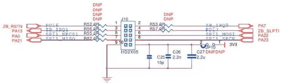 ZB_RSTN PA13 PA0 PA21 PD16 ZB_IRQ1 SPT1_NPCS1 SPT1_MISO R52.0R R56.0R R55.0R R82.0R DNP DNP DNP DNP J10 HD2X05 9 10 2 4 6 8 2 3V3 DNP DNP R53.0R R57.0R ZB_IRQ0 PDI7 SPT1_MOST SPT1_SPCK JP10 C25 15p C26 2.2n C27 2.2u DNP DNP PA7 ZB_SLPTI PA22 PA23