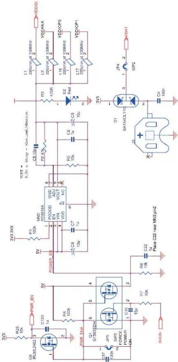 VDD/IS L1 220nm at 100MHz 1 2 VDDANA L2 220nm at 100MHz 1 2 VDD/OP0 L16 220nm at 100MHz 1 2 VDD/OP1 L17 220nm at 100MHz 1 2 R3 470R D2 Red N 3V3 JP4 SIP2 C4 100n D1 BA154CLT11C J5 + Place C22 near MN3 pin2 C5 10u R2 47K C8 1u R5 15k C9 10u 8 7 6 5 4 3 3 PGOOD GND EN ADJ VOUT NC VDD C7 1u C6 10u POWER EN 3V3 3V3 R11 100k MN3 RT9018A 1 PGOOD GND EN ADJ VOUT NC VDD C7 1u C6 10u 3V3 3V3 R25 10k PWR_EN C120 1u R4 100k PWR_ENa Q1 SIF63 EDH C22 1u R7 10k JP5 SIP2 FORCE POWER EN C57 100n N SHDN