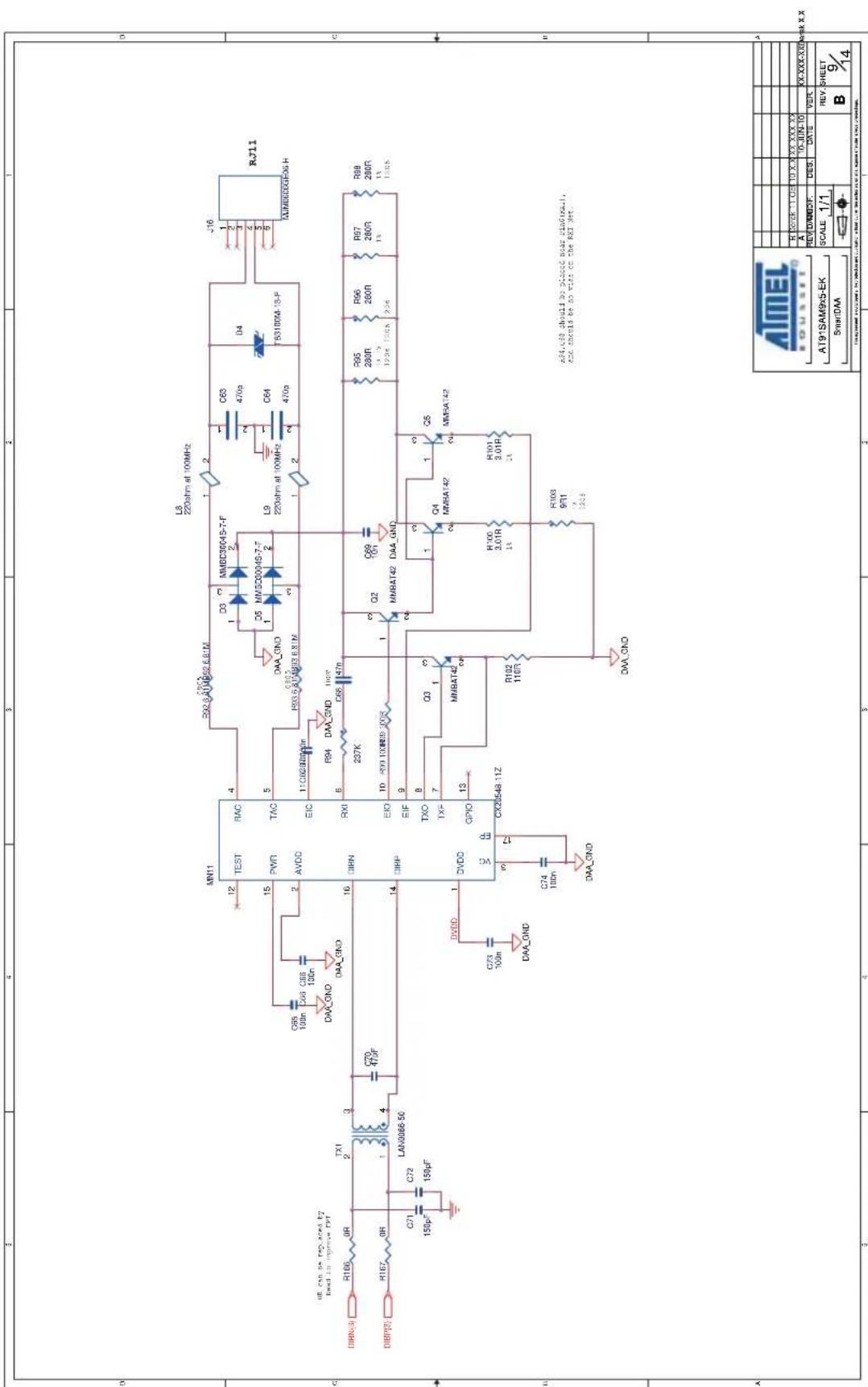 UE can be replaced by load to improve PPT DIBN3 DIBP2 C71 150pF C72 150pF TX1 LAN066-5C C70 47pF C68 100n C65 100n C63 100n DAA_GND DAA_GND MN11 TEST PWR AVDD C55 100n C66 100n DAA_GND DAA_GND C70 47pF C71 150pF DVDD C73 100n DAA_GND VC EP C74 100n DAA_GND TAO EIC RXI EKO TXO GPIO CX26548.11Z Q3 MNBAT42 R102 110V DAA_GND MMSD30045-7-F MMSC30045-7-F R94 DAA_GND C68 147n Q2 MNBAT42 DAA_GND Q4 MNBAT42 R100 3.01R R101 3.01R R103 9/11 DAA_GND L8 220ahm at 100MHz D3 MMBD30045-7-F DAA_GND D5 220ahm at 100MHz C63 470p C64 470p D4 753100M-13-F J16 ALM6500GE-06 H RJ11 AT91SAM9x5-EK Sfooter DAA ATMEL RQUSET AT91SAM9x5-EK SCALE 1/1 REV. SHEET B 9/14
