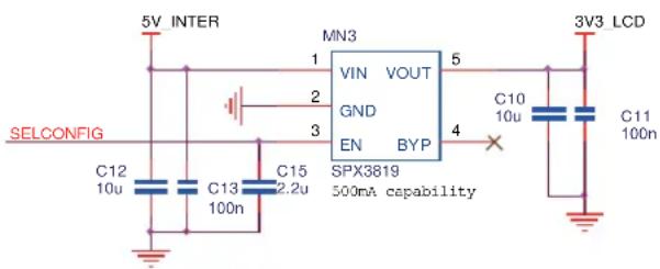 5V INTER MN3 VIN VOUT GND EN BYP SPX3819 500mA capability SELCONFIG C12 10u C13 100n C15 2.2u 3 2 3 4 5 3V3 LCD C10 10u C11 100n
