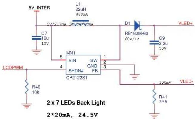 5V INTER L1 22uH 880mA 5V/217mA 2V 5V/10mA C7 10u 10V D1 RB160M-60 60V/1A C9 2.2u 50V MN1 VIN SW SHDN# GND FB CP2122ST LCDPWM R40 10k 5 4 1 2 3 300mV VLED+ VLED- 2 x 7 LEDs Back Light 2*20mA, 24.5V