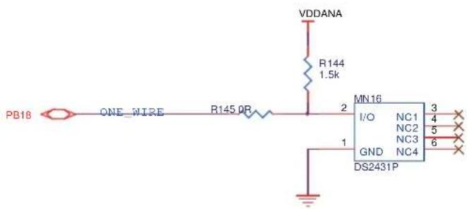 PB18 ONE_WIRE R145.0R VDDANA R144 1.5k MN16 I/O NC1 3 NC2 4 NC3 5 GND NC4 6 DS2431P