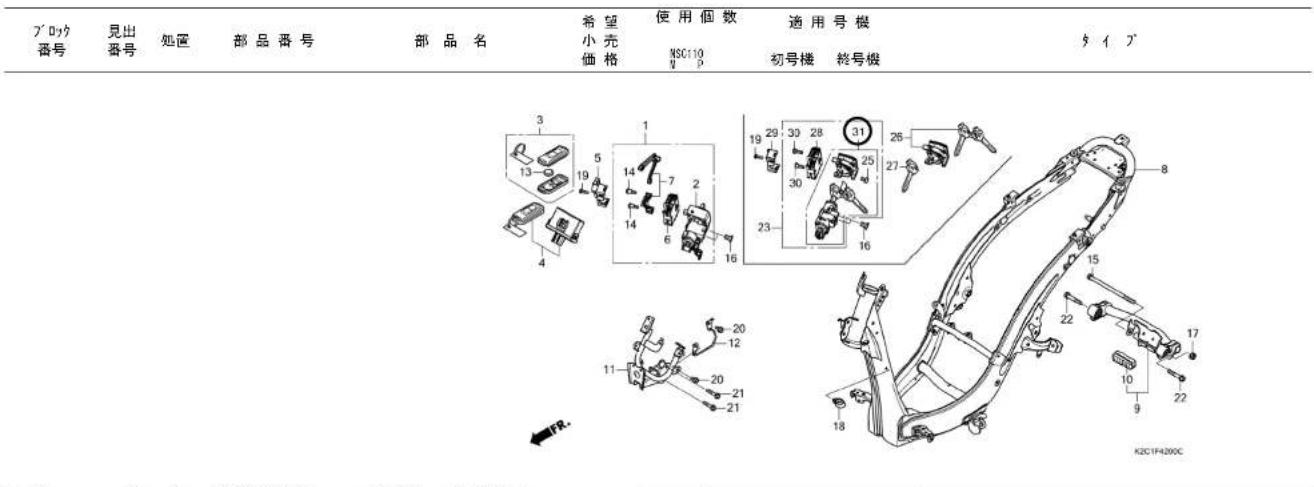 プロダ番号 見出番号 処置 部品番号 部品名 希望小売価格 使用個数NSC110 適用号機 初号機 終号機 タイプ 3 19 5 14 7 2 16 19 29 33 28 31 26 30 25 27 23 16 8 15 22 17 11 20 12 20 21 21 18 K2C1F4200C