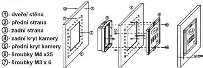 ①- dveře/ stěna ②- přední strana ③- zadní strana ④- zadní kryt kamery ⑤- přední kryt kamery ⑥- šroubky M4 x25 ⑦- šroubky M3 x 6