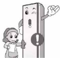 Cartoon illustration of a child holding a book next to a smiling refrigerator with an exclamation mark (no text or symbols on the refrigerator)