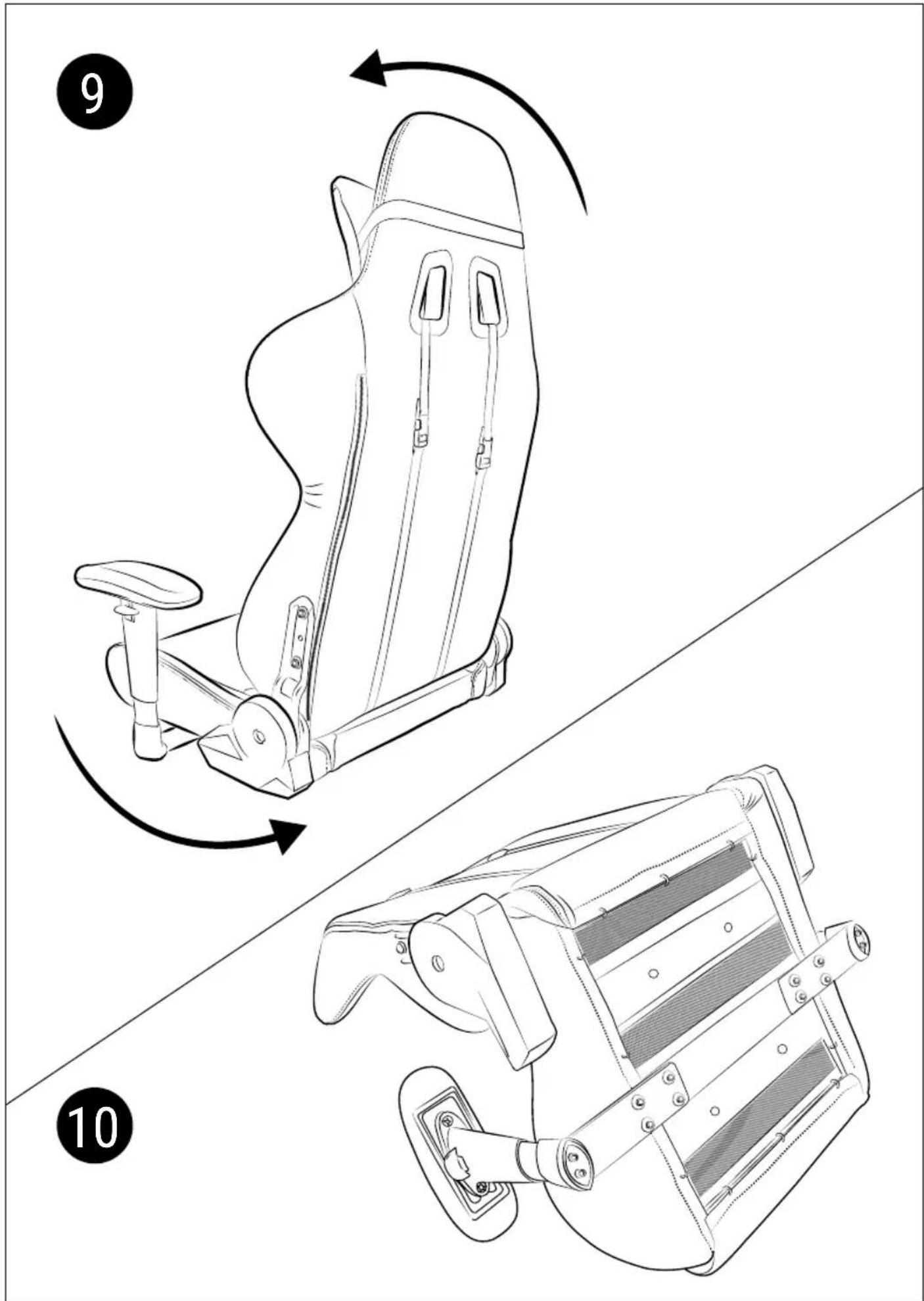 Technical diagram showing two car seat assembly steps with numbered labels (9 and 10) and directional arrows indicating motion.