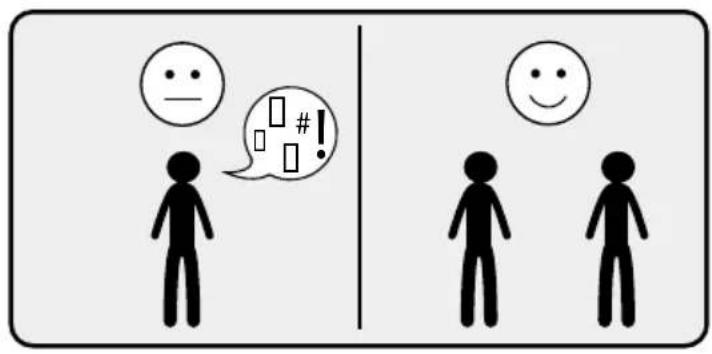 Two-panel image showing a person with facial expressions and speech bubbles, one with a minus sign and the other with a smile.
