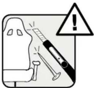 Safety warning illustration showing a syringe inserted into a mask with an exclamation mark indicating danger