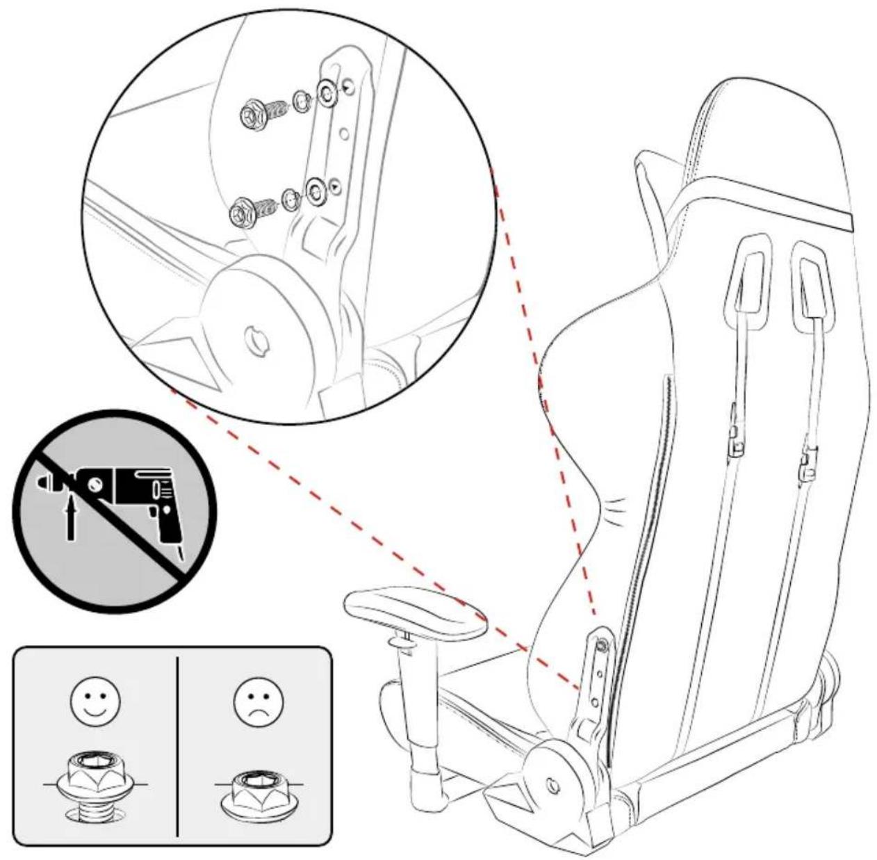 Diagram illustrating car seatbelting and safety rules, showing no-reinforcement mechanism and visual inspection of seatbelt components.