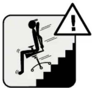 Warning symbol showing a person sitting on stairs with an exclamation mark, indicating workplace hazard or caution.