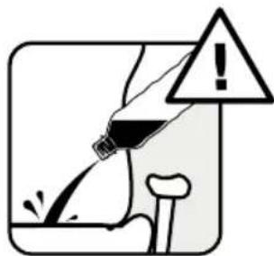 Safety warning illustration showing a person pouring liquid with a warning triangle and exclamation mark