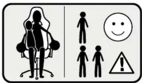 Safety warning sign showing a person in an office chair with corresponding visual icons for smiley face, warning symbol, and warning triangle.