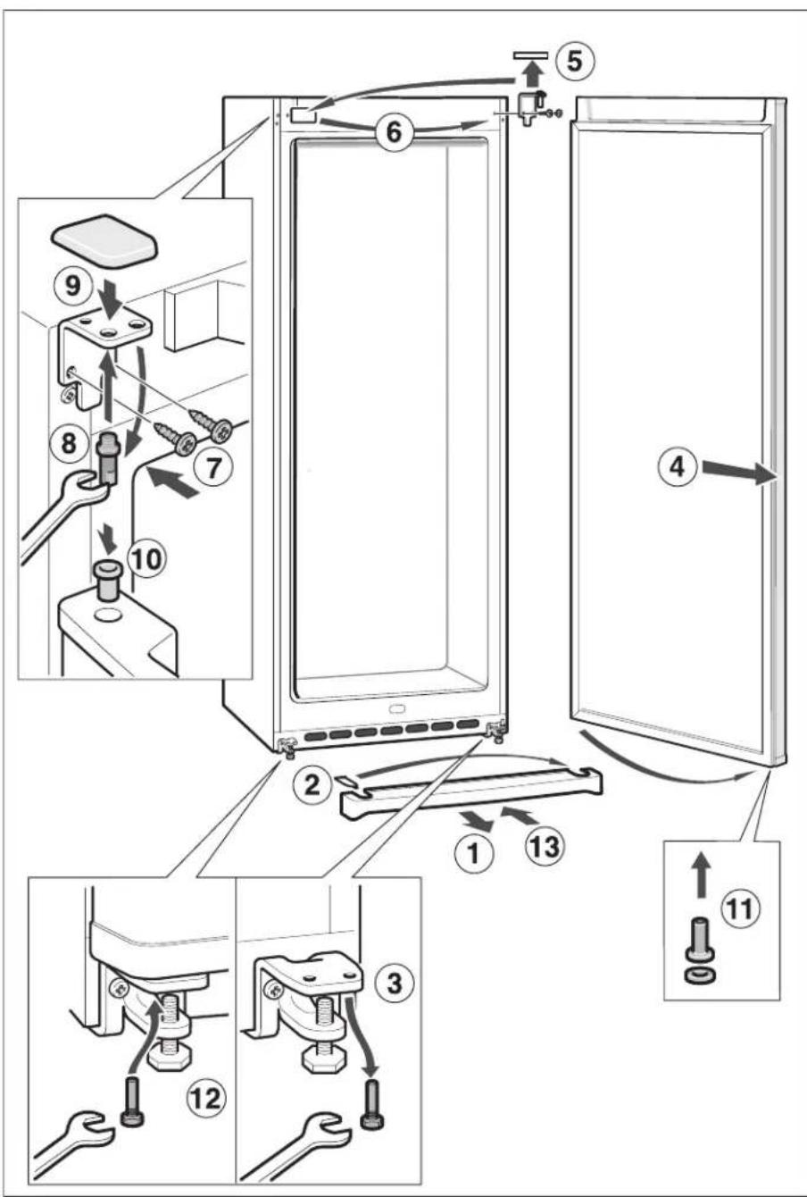 Technický diagram zobrazujúci vnútro chladničky s očíslovanými krokmi na montáž alebo údržbu, vrátane ručného náradia, kľúča a zámkového mechanizmu.
