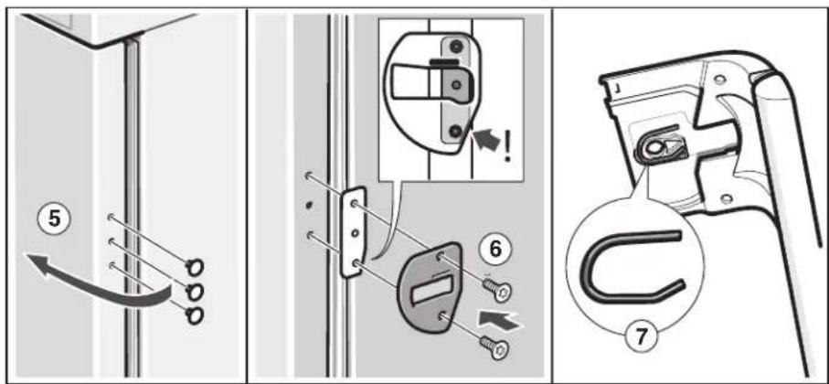 Diagram znázorňujúci inštaláciu mechanizmu zámku dverí s očíslovanými krokmi a detailmi komponentov