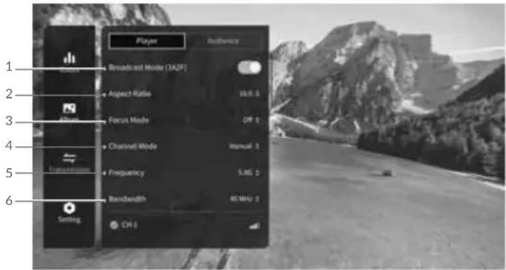 Player Audience 1 2 3 4 5 6 Broadcast Mode (3A2F) Aspect Ratio 3A:0.0 Focus Mode OFF 0 Channel Mode Manual 0 Frequency 5.8G 0 Bandwidth 4E MHz 0 Setting CH 0