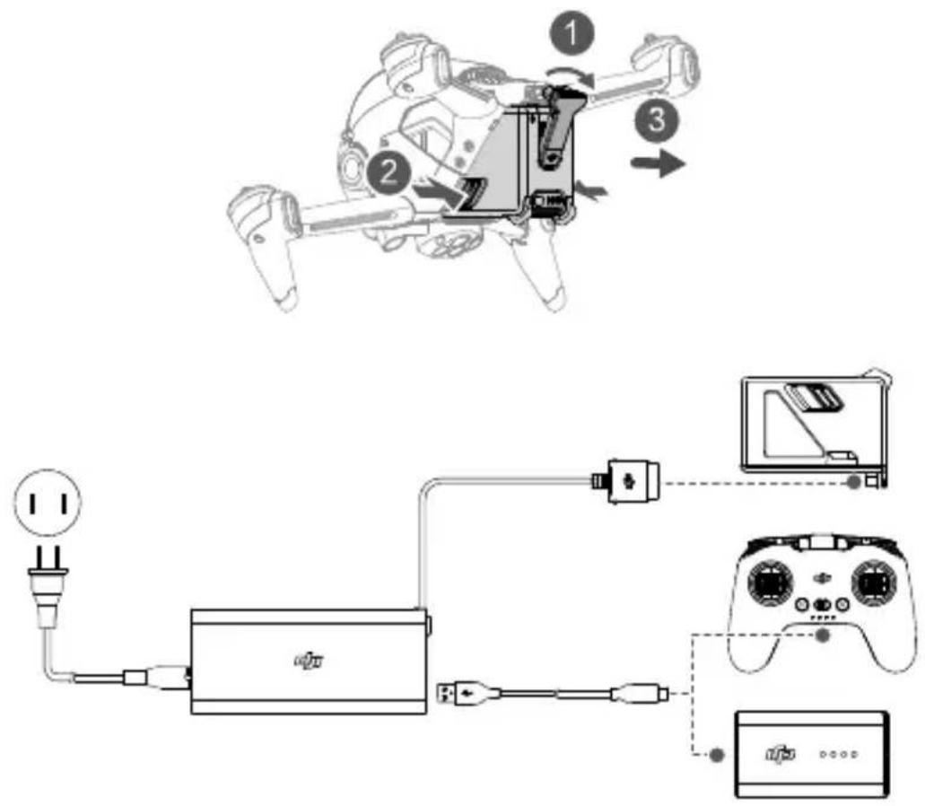 Diagram illustrating the connection between a drone, power plug, and connected devices via cable routing.