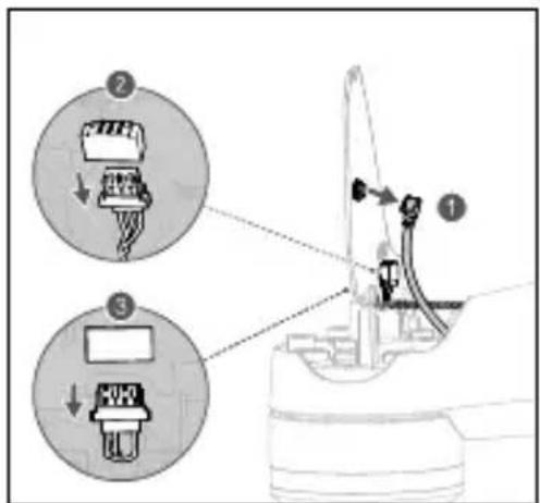 Diagram showing mechanical assembly steps with labeled components and directional arrows