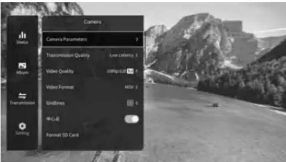 Camera Status Album Transmission Sensing Camera Parameters Transmission Quality Low Latency: 2 Video Quality 100bps/120 bit Video Format MOV: 5 Gridlines 0 Center: Format SD Card