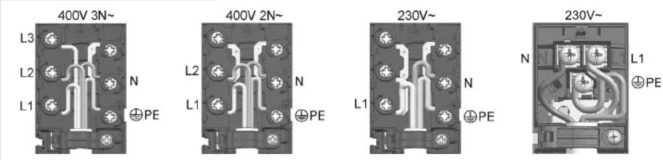 400V 3N~ L3 L2 L1 N PE 400V 2N~ L2 L1 N PE 230V~ L1 N PE 230V~ N L1 ①PE