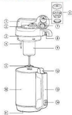Labeled diagram of a blender with numbered parts for identification