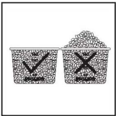 Illustration showing two food containers with checkmarks and crosses, one containing a checkmark and the other filled with granular food.
