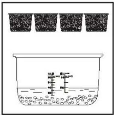 Diagram showing a container with liquid and floating particles, above four labeled containers, likely illustrating a scientific or engineering concept.
