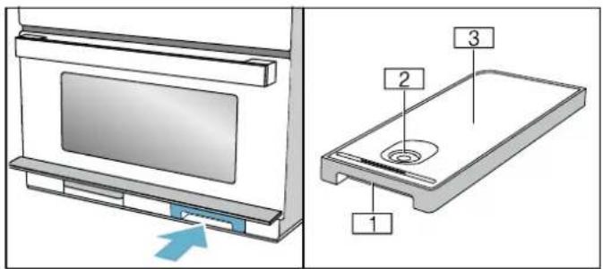 Technical diagram showing a device with labeled components: panel, tray, and base, with directional arrow indicating movement.