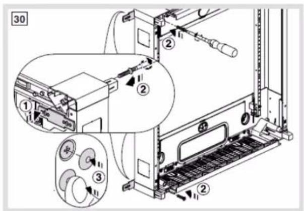 Technical diagram of a device rack with numbered components and labeled parts, including zoomed-in views and component labels.