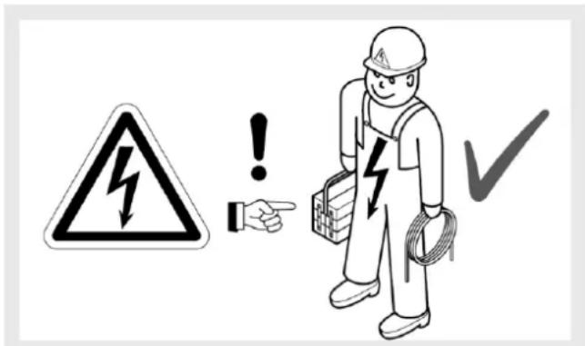 Safety warning symbol with hazard symbol, warning sign, hand pointing to a worker holding a device, and checkmark