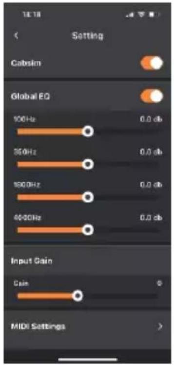 12.18 Setting Cabsim Global EQ 100Hz 0.0 dB 350Hz 0.0 dB 500Hz 0.0 dB 400Hz 0.0 dB Input Gain Gain 0 MIDI Settings