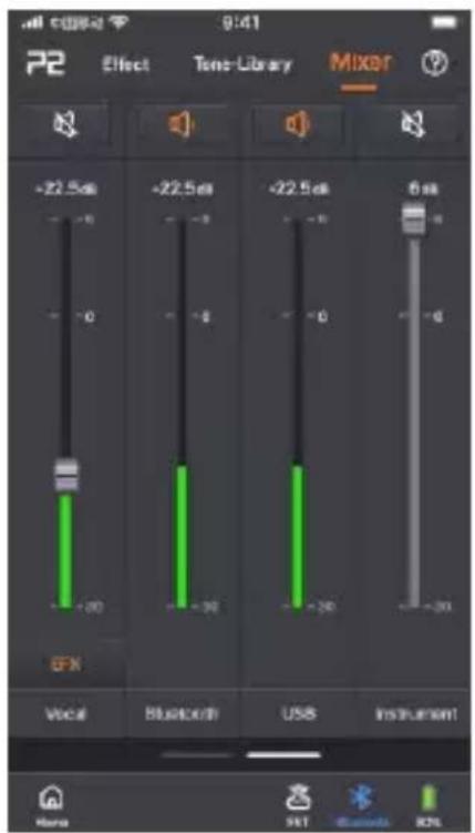 all close 9:41 P2 Effect Tone-Library Mixer +22.5m -22.5m +22.5m 6m -0 -0 -0 -0 +20 -30 -20 G/X Vocal Bluetooth USB Instrument Hans