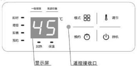 一级管路 高温加热 即时 - 增容 - 抑菌 - 预约 - 45℃ 模式 调节 预约 待机 加热 保温 显示屏 遥控接收口