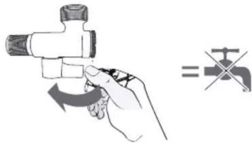 Diagram showing a hand holding a valve with a wrench, alongside a symbolic crossed-out faucet symbol.