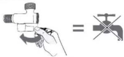 Diagram showing a hand holding a valve with a wrench, and a crossed faucet symbol indicating equivalence.