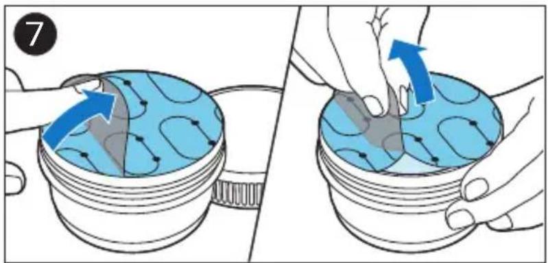Diagram illustrating two steps of a mechanical or fluidic device operation, showing hand positioning and blue arrows indicating movement.