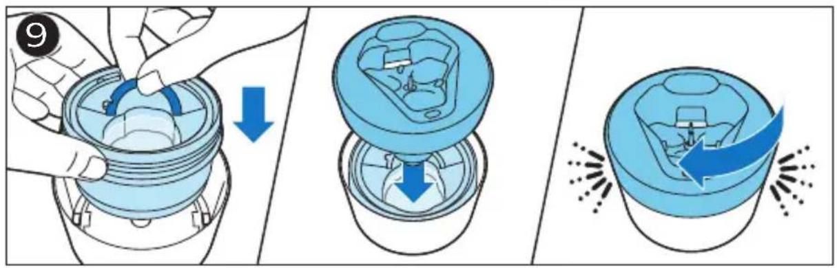 Diagram illustrating three-step steps of a mechanical device with blue arrows indicating motion and stress, labeled with numbers 9 and 10.