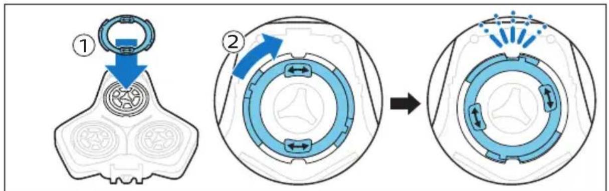 Diagram illustrating the step-by-step assembly of a device's circular component, showing disassembly and reassembly with labeled steps ① and ②.