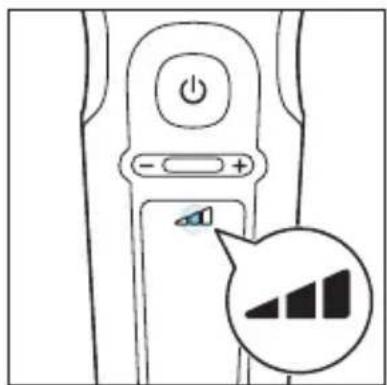 Diagram of a remote control panel with power and battery buttons, accompanied by a speech bubble showing a bar chart icon.